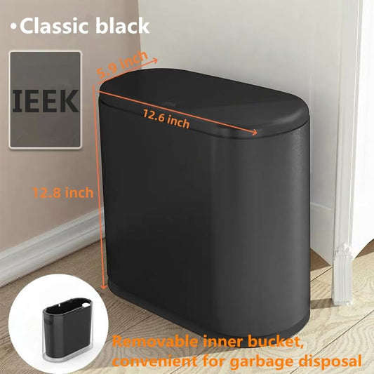 IEEK Plastic Trash Can with Press Top Lid,3.2 Gallon /12 Liter Garbage Can,Black Modern Waste Basket Thin Trash Cans for Bathroom,Kitchen,Living Room,Office and Narrow Spaces