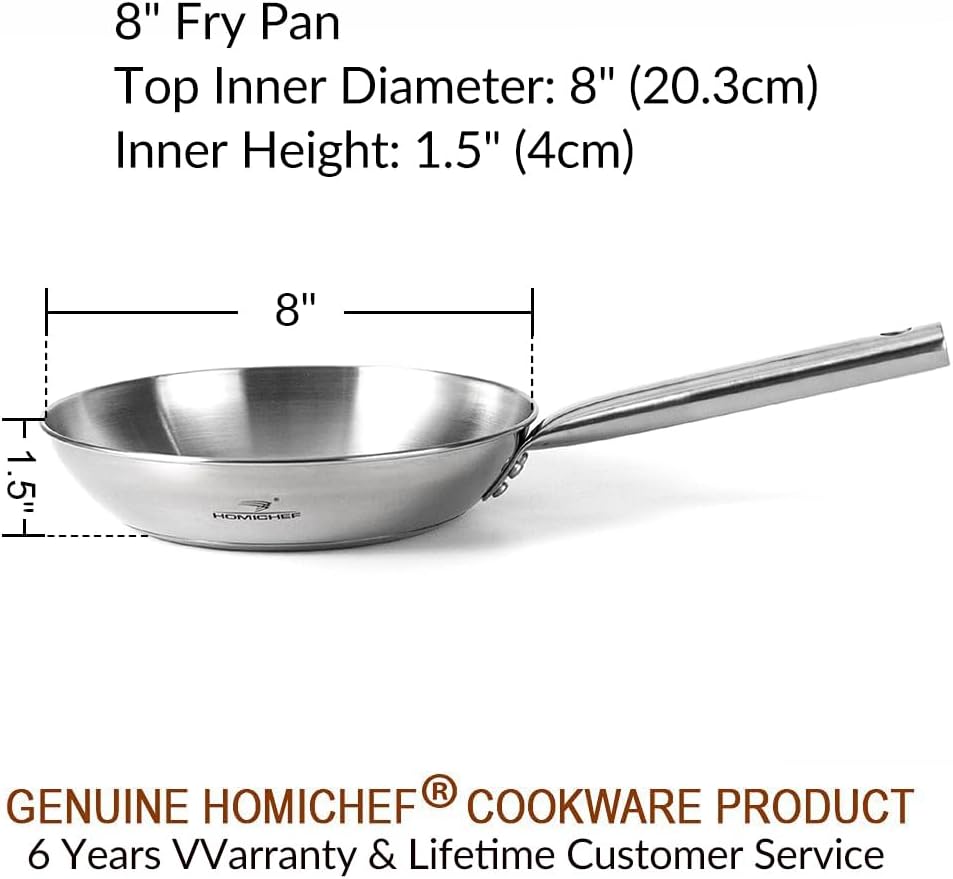 HOMICHEF Mirror Polished NICKEL FREE 8-Inch Fry Pan Stainless Steel (No Toxic Non Stick Coating) - Skillet Pan Flat Bottom Fry Pans - Omelette Pan Egg Pan - Induction Cookware Frying Pan