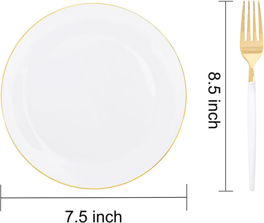 I00000 72PCS White Plastic Dessert Plates 7.5" with 72PCS Disposable Forks 8.5", Disposable White Dessert Plate, Fancy Salad Plates with Gold Rims Perfect for Wedding