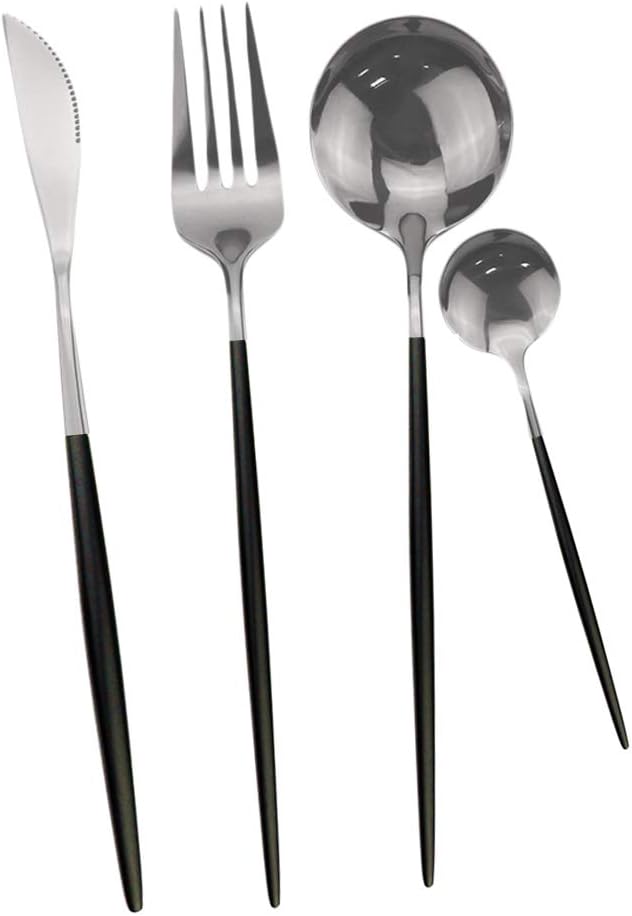 24-Piece Flatware Set, 18/0 Stainless Steel Knife Fork Spoon Teaspoon Silverware Set, Service for 6, Black Handle Silver
