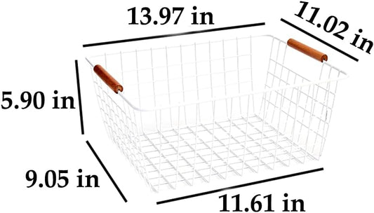 LeleCAT Large white wire baskets with Wooden Handles for storage pantry, Storage Organizer Baskets, Household Refrigerator for Cabinets, Closets, Bedrooms, kitchen - Set of 3 White