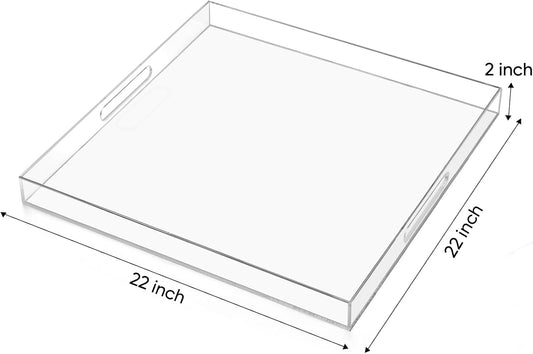 22×22 inches Oversized Clear Acrylic Ottoman Tray Extra Large Decorative Tray Spill-Proof Serving Trays with Handles King-Size Safe Edge Organizer for Coffee Table Countertop Breakfast