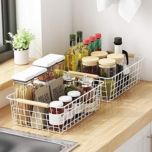 LeleCAT White Wire Baskets for Organizing with Handles,Pantry Organizers and Storage For Kitchen, Household Snack Basket for Cabinets, Closets, Bedrooms,food - Set of 4(White)