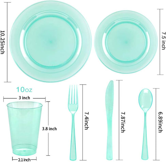 WDF 25 Guest Green Plastic Plates with Disposable Silverware&Green Cups-Neon Clear Plastic Dinnerware include 25 Dinner & Salad Plates,25 Forks, 25 Knives, 25 Spoons,25 Cups for Party