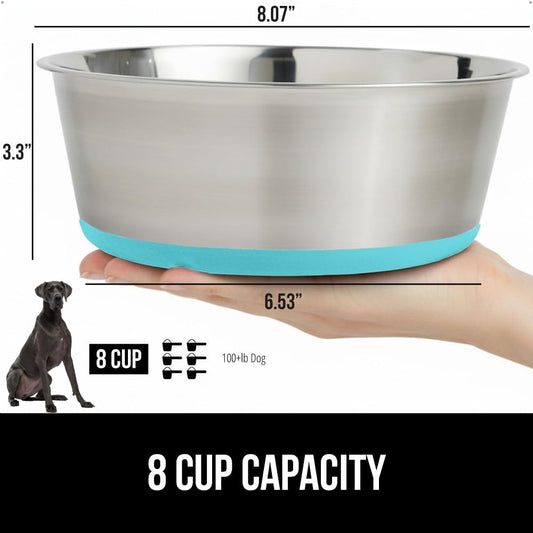 GORILLA GRIP Set of 2 Dog Bowls, Holds 8 Cups (64 fl oz), Heavy Duty Metal Food and Water Bowl for Feeding Dogs and Cats, Dishwasher Safe Rust Resistant Stainless Steel, BPA Free Rubber Base Turquoise