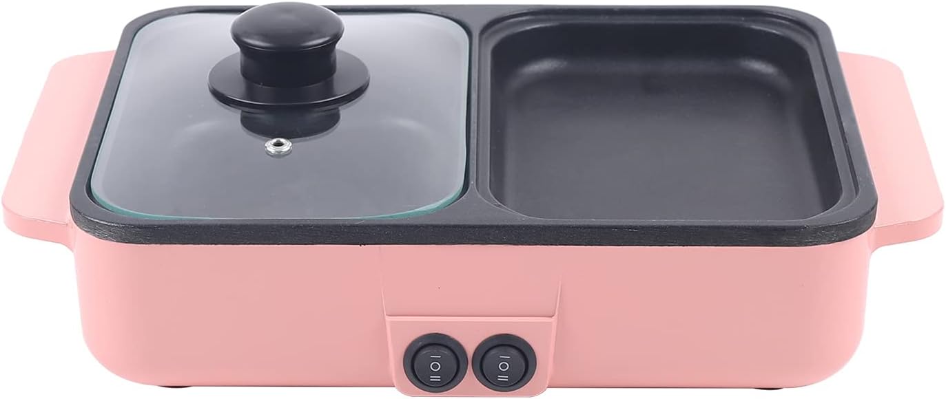 Hot Pot with Grill, Electric Hot Pot and Frying Pan, Shabu Shabu Pot with Grill, 2 in 1 Indoor NonStick Shabu Shabu Pot and Griddle, Dual Temperature Control, Fast Heating for BBQ Steaks Noodles(Pink)