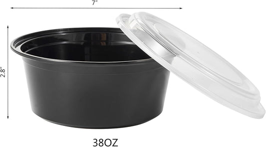 FULING 38 oz 150 ct Round Meal Prep Containers with Lids Plastic Food Storage To Go Lunch Plan Box Disposable Take Out Bowls Black BPA Free Reusable Durable Stackable Microwave Freezer Dishwasher Safe