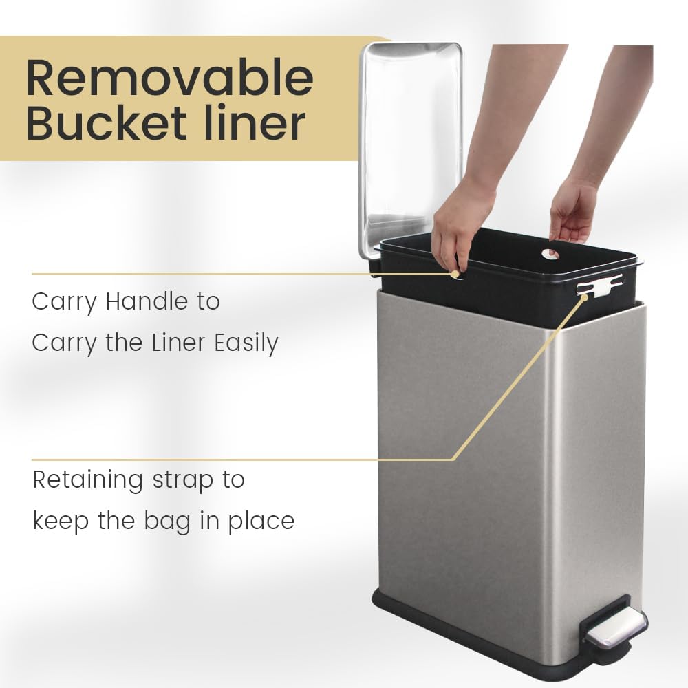 30L/Slim 8 Gallon Stainless Steel Trash Can with Soft-Close Lid & Removable Inner Bucket, Fingerprint-Proof, Odor-Controlled Kitchen Bathroom & Office Waste Bin, Grey