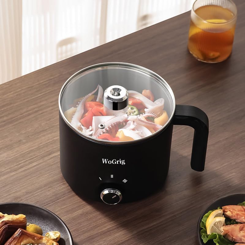 1.8L Electric Hot Pot,Ramen Cooker, Dual power supply Mini Portable Multi-Functional Lazy Pot for Pasta, Noodles, Egg, Soup,Rice,Non-Stick Noodle Cooker with Boil Dry Protection for Dorm, Office