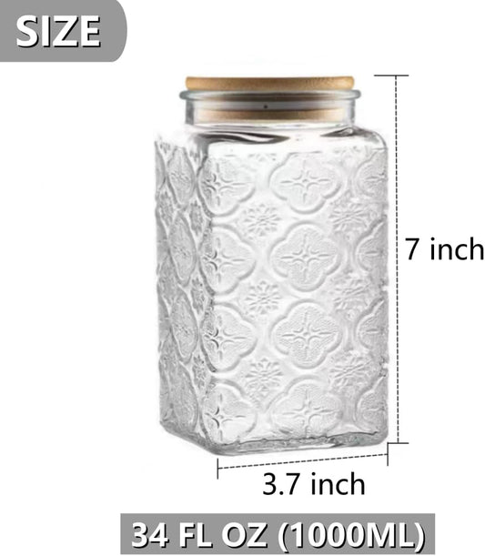 ANSQU Vintage Glass Storage Jar, 34 FL OZ Glass Food Storage Containers with Bamboo Wooden Lid, Airtight Cookie Jars for Kitchen Counter, Pantry, Cookie, Coffee, Tea, Sugar (Square Begonia)