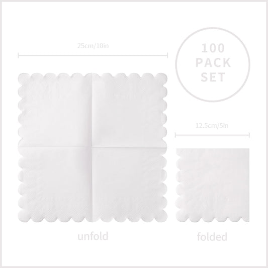 100 Pack Cocktail Napkin 2-Ply Scalloped Edged Dessert Napkins Folded 5 x 5 Inches Disposable Napkins for Dinner Wedding Birthday Party Bridal Anniversary Reception Event (White)