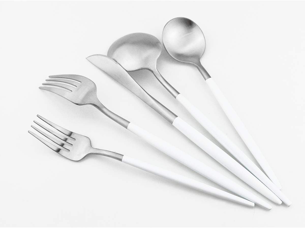 Gugrida White Silver Flatware, Royal 5-Piece Matte White Handle 18/10 Stainless Steel Tableware Sets for 1 Including Forks Spoons Knives, Camping Silverware Travel Utensils Set Cutlery (White Silver)