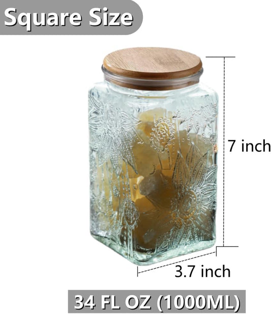 ANSQU Coffee Canister with Lid, 34oz Glass Food Storage Containers, Airtight Coffee Grounds Container for Kitchen Counter, Pantry Candy, Tea, Sugar (Square, Sunflower)