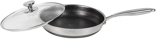 Stainless Steel Pan, Nonstick Frying Pan with Glass Lid, 12.4inch PFOA-Free, Stay-Cool Handle Easily Cleaned Induction Cooktops are Suitable, Compatible with All Cooktops