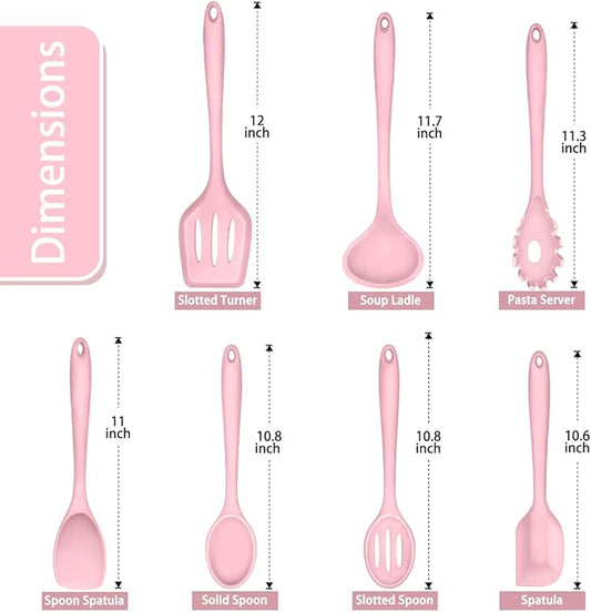 P&P CHEF Silicone Cooking Utensils Set of 7, Heat-proof Kitchen Utensils Set for Nonstick Cookware, Non-stick Spatula, Slotted Turner, Soup Ladle, Pasta Server, Spoon for Cooking Serving - Pink