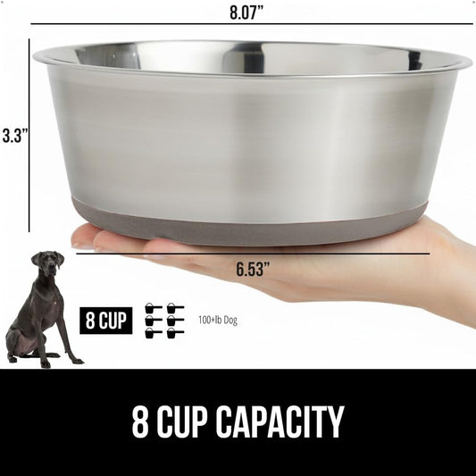 GORILLA GRIP Set of 2 Dog Bowls, Holds 8 Cups (64 fl oz), Heavy Duty Metal Food and Water Bowl for Feeding Dogs and Cats, Dishwasher Safe, Rust Resistant Stainless Steel, BPA Free Rubber Base, Beige