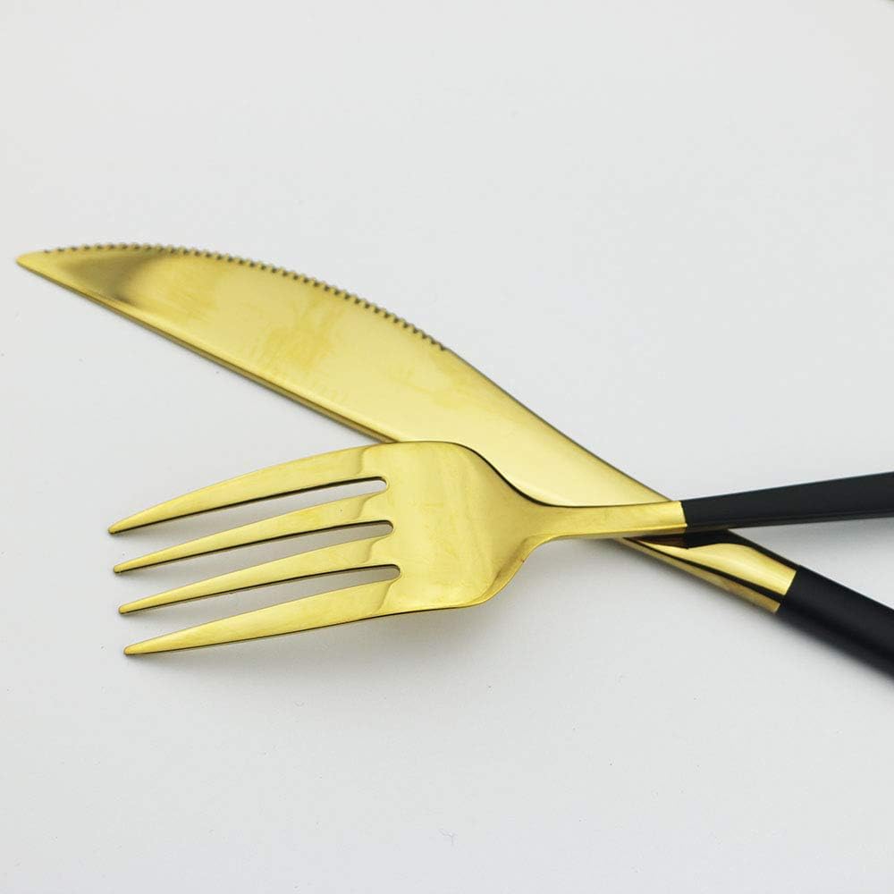 JASHII 20-Piece SUS304 Stainless Steel Flatware Set, Mirror Polished Black Gold Silverware Set Dinner Knife Fork Spoon Dessert Fork Salad Spoon Service for 4.(Black gold)