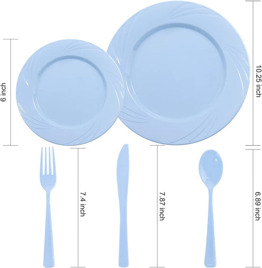 YOUBET 125Pieces Blue Plastic Plates - Blue Baby Shower Plates Disposable - Include 25 Dinner Plate 25 Dessert Plate 25 Forks 25 Knives 25 Spoons for Birthday Party & Baby Shower Gifts