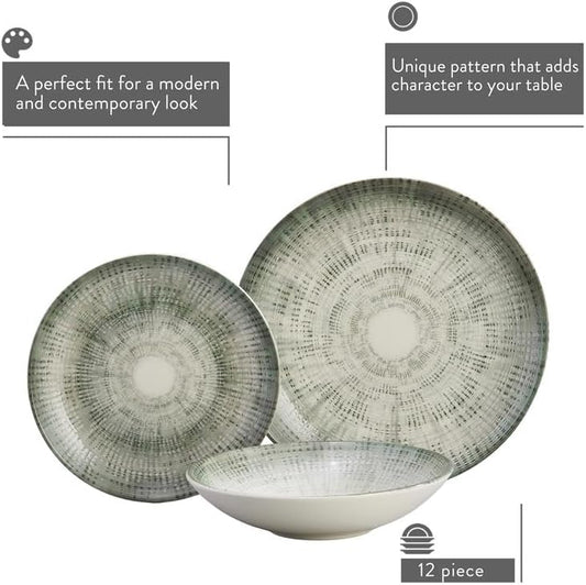 Corona 12-Piece Textured Modern Textured Finish Ceramic Dinnerware Sets, Plates and Bowls, Service For 4, Microwave and Dishwasher Safe, Elara