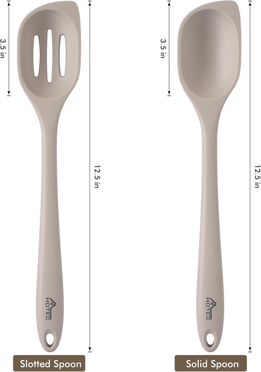 HOTEC Heat Resistant Silicone Cooking Spoon Spatula, Large Kitchen Solid and Slotted Spoons for Mixing, Serving, Scraping, Non-stick, Dishwasher Safe Khaki 12.5inch