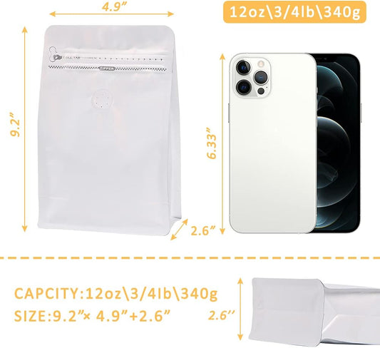 REMTAP Coffee Bags with Valve(100pcs,12 oz) white High Barrier Aluminumed Foil Flat Bottom Standing Coffee Beans Storage Bags,Reusable Heat Sealable Side Zipper Pouches for Home or Store