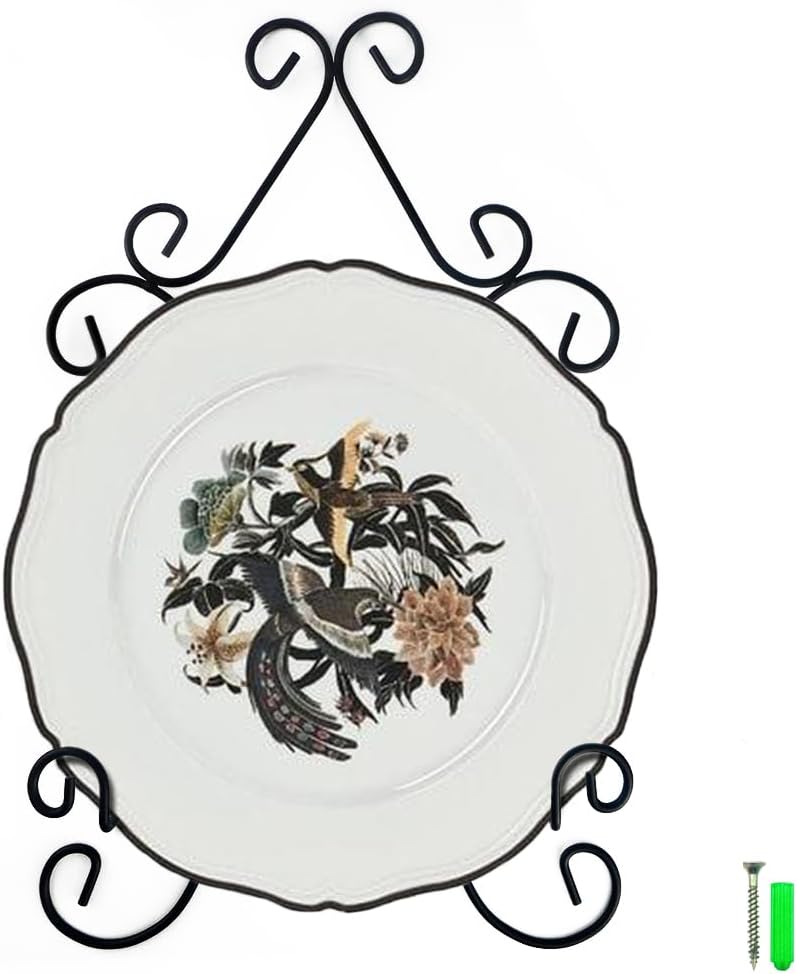 YY YEARCHY Plate Stand Holder for Wall Hanging Display Rack Art Hanger Metal Easel Photo Holder Books Bowls Platters (Black, 6 inches/9.84" x 6.3" x1.2")