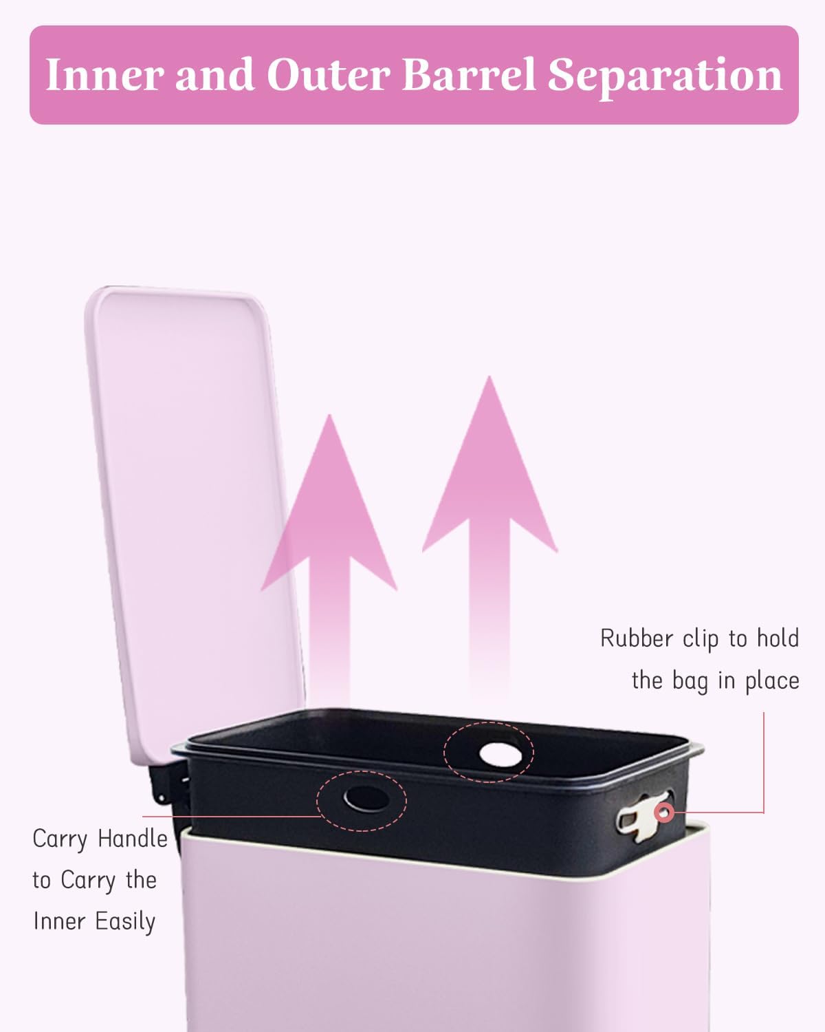 Bathroom Trash Can, 10L/2.6 Gallon Stainless Steel Slim Garbage Can, Pedal Trash Bin with Removable Liner Bucket, Soft Close Lid, Rectangle Trash Bin for Office, Kitchen, Bedroom, Pink