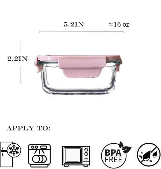 Square Glass Food storage Containers with Airtight Lids, 2 cup Food Meal Prep Containers, Square Glass Bowl For Lunch Sandwich Fruit Snack, Dishwasher Microwave Freezer Safe- (Pink+Green)