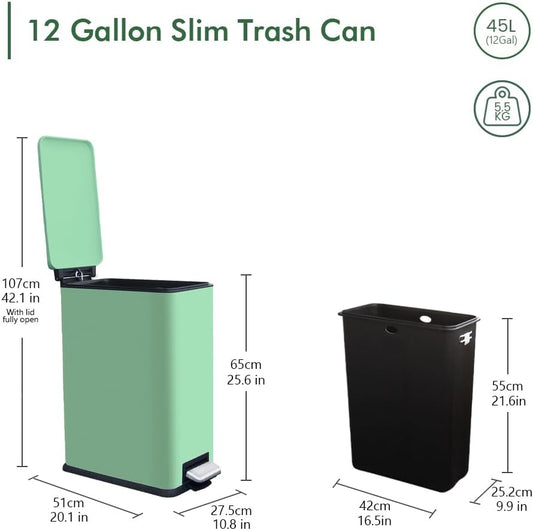 12 Gallon Trash Can with Lid,45L Kitchen Garbage Can,Stainless Steel Trash Can for Narrow Spaces with Soft-Close Lid, Inner Bucket, and Step-on Pedal