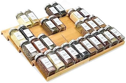 Spice Drawer Organzier,4 Tiers- 8Pcs Bamboo Spice Rack Tray Insert for Cabinet Drawer Countertop, Kitchen Seasoning Storage Drawer Organization,18" Wide x 15.8" Deep (Hold UP To 40 Jars