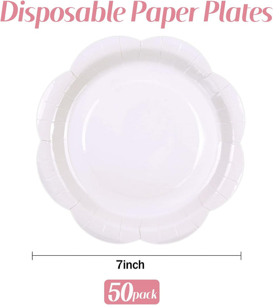 50 Pack White Paper Plates 7 Inch, Disposable Scalloped Plates Cake Dessert Plate for Dinner Baby Shower Wedding Bridal Shower Birthday Party Supplies (White, 7 inch)