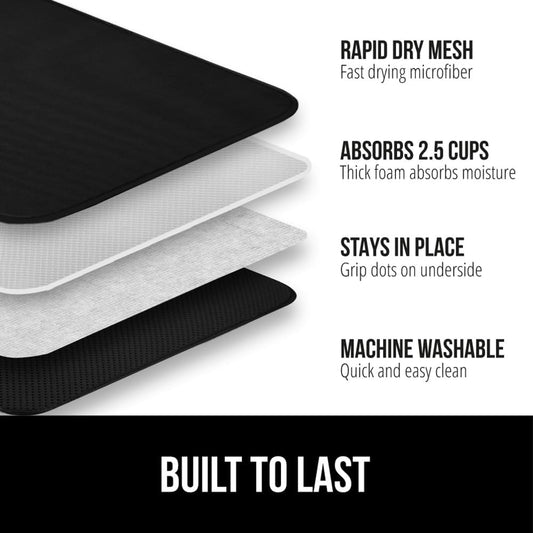 GORILLA GRIP Ultra Water Absorbent Microfiber Dish Drying Mat, Quick Dry Thick Mesh, Slip Resistant Pad for Sink Dishes or Under Rack, Kitchen Counter Accessories, 16x18, Machine Wash Mats, Black