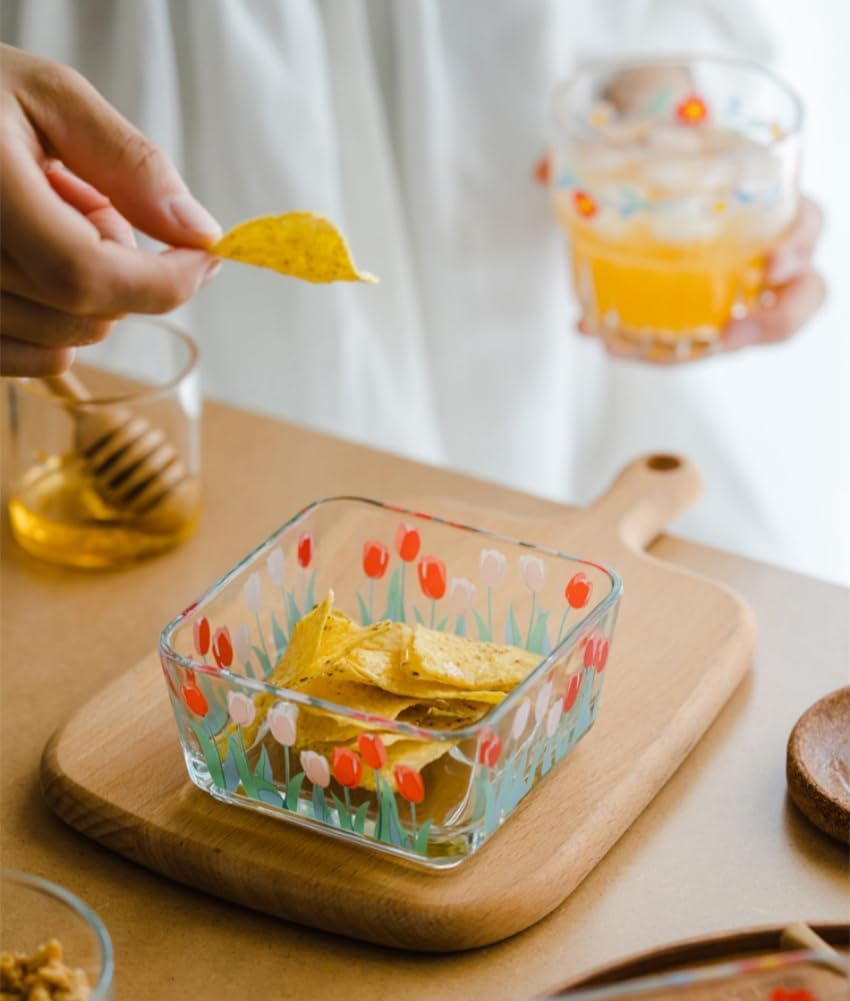 9 OZ Small Flower Candy Dish Floral Candy Bowl Cute Tulip Square Glass Bowl for Snack,Dessert,Fruit,Icecream,Yogurt,Dipping,Prep,Mini Clear Serving Bowl,set of 2