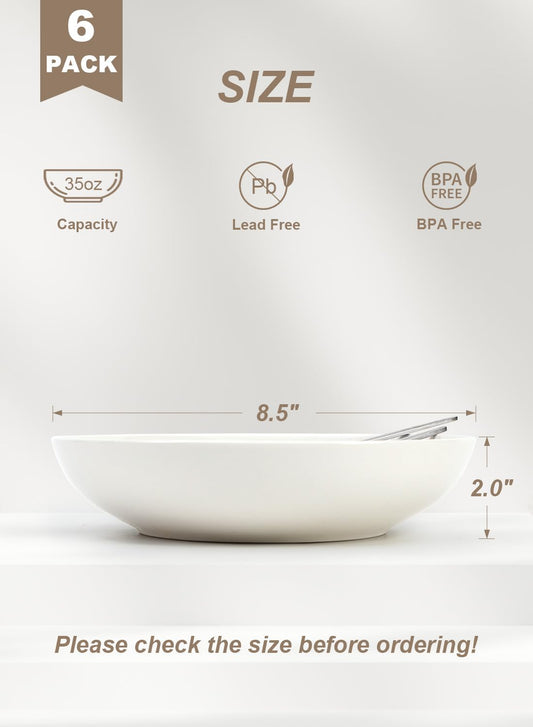 Quatish 35oz Pasta Bowls Set of 6, 8.5" Large Salad Bowls Soup Bowl for Kitchen, Microwave & Dishwasher Safe, Porcelain Wide and Shallow Serving Bowl, White Dinner Plates, Dinnerware Set, Gift