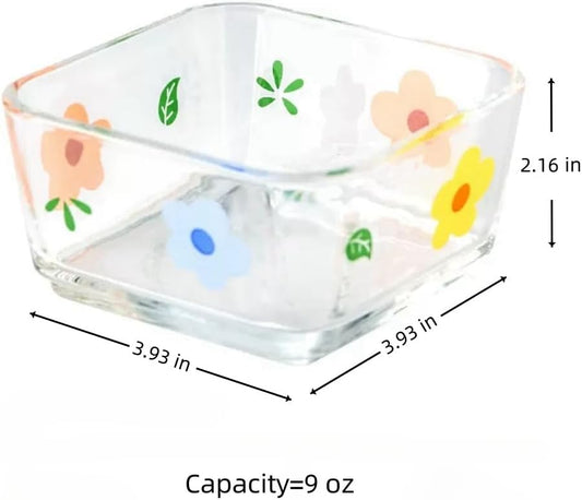 9 OZ Small Flower Candy Dish Floral Candy Bowl Cute Square Glass Bowl for Snack,Dessert,Fruit,Icecream,Yogurt,Dipping,Prep,Mini Clear Serving Bowl,set of 2