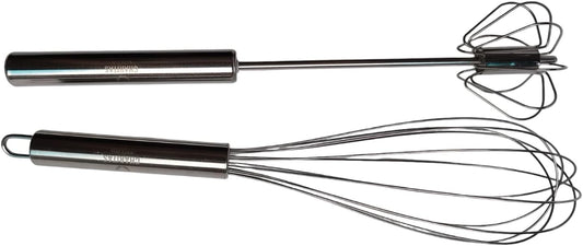 12'' Egg Whisk Combo - Stainless Steel Manual Balloon whisk and Semi-Automatic Whisk, Egg Beater, Hand Push Rotary - Mixing, Frothier, Stirring baking/beating eggs, Durable, Easy-Grip/Heat-Resistant.