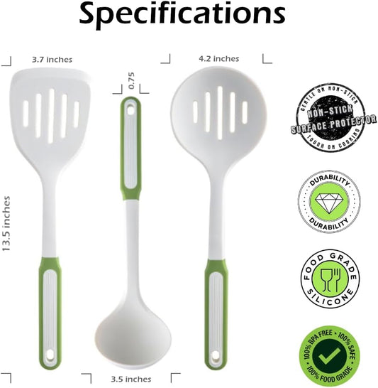 Set of 3 Kitchen Essentials Utensils Set of Silicone Spatulas 15 inches Large Heat Resistant 600F Cooking Baking Non-Slip Handles Won't scratch Cookware, Turner Rubber Spatula Ladle Espatula (White)