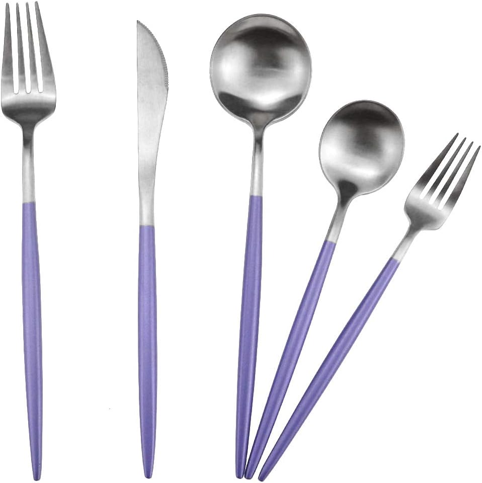 Gugrida Luxury Flatware, Royal 20 Piece Matte Purple Handle 18/10 Stainless Steel Tableware Sets for 4 Including Forks Spoons Knives, Camping Silverware Travel Utensils Set Cutlery (Purple Silver)