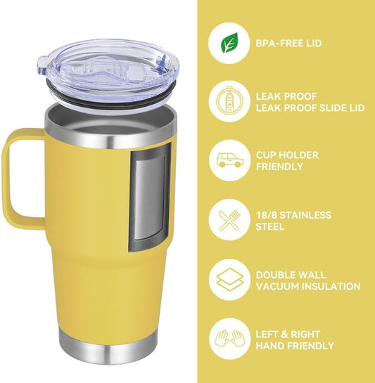 VEGOND 20 oz Tumbler Bulk with Handle Lid and Straw, Stainless Steel Insulated Travel Coffee Mug Set, Spill Proof Double Wall Metal Tumblers Cups, Powder Yellow 12 Pack