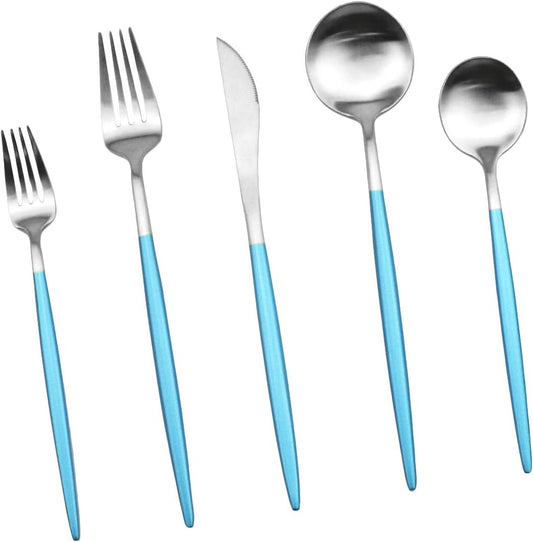 JASHII Silverware Sets, 5-Piece Blue Flatware 18/10 Stainless Steel Heavy Weight Forged Cutlery Eating Utensils Forks Spoons Knives Set Tableware Service for 1 Matte Finished (Blue & Silver)