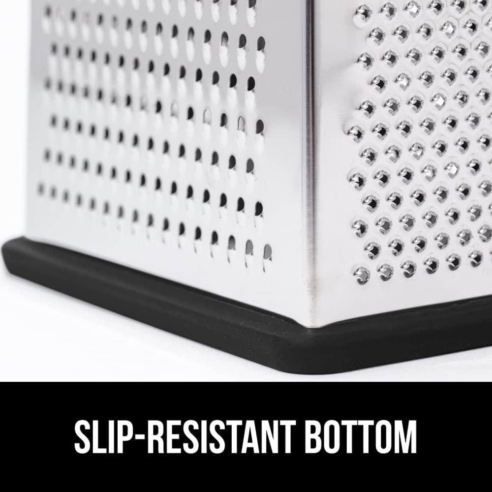 GORILLA GRIP XL 4-Sided Cheese Grater With Container, 100% BPA-Free Stainless Steel Box Graters, Parmesan Shredder, Grate Cheeses, Shred Veggies, Slip Resistant Handle, Dishwasher Safe Zester, Black