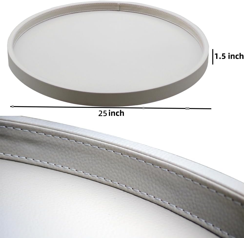 25-inch Round Ottoman Serving Tray - Textured PU Leather Coffee Table Decor, Waterproof Heat-Resistant Large Organizer for Home, Office, Bed & Party Essentials (Tranquil Beige, 25)
