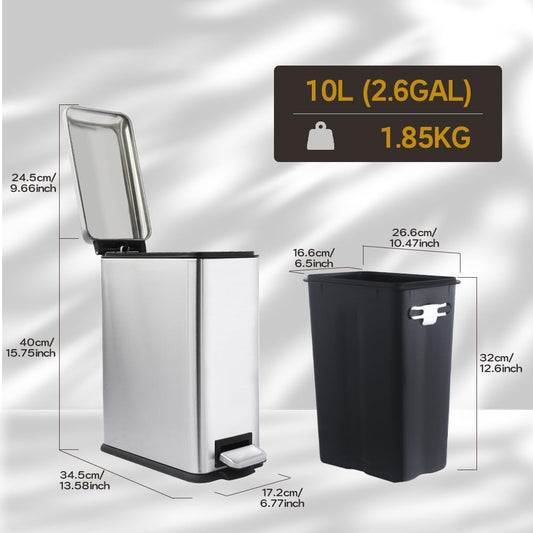 Silver 10L/2.6 Gallon Bathroom Trash Can with Lid,features a removable inner bucket, a soft - close lid and a stainless - steel step pedal,ideal for use in the bathroom, kitchen, and home office.