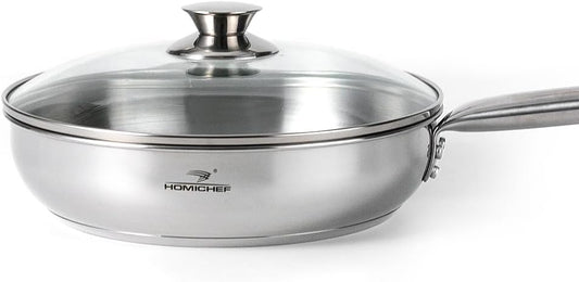 HOMICHEF 9.5 Inch Nickel Free Stainless Steel Saute Pan Induction Oven Safe - Premium Mirror Polished Stainless Steel Pan - Healthy Non Toxic Fry Pans