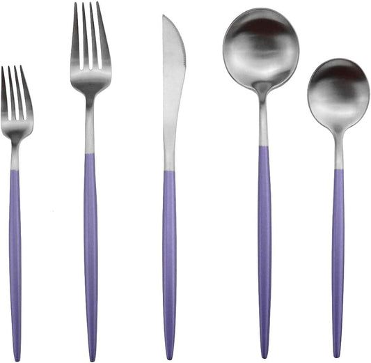 Gugrida Luxury Flatware, Royal 5 Piece Matte Purple Handle 18/10 Stainless Steel Tableware Sets for 1 Including Forks Spoons Knives, Camping Silverware Travel Utensils Set Cutlery (Purple Silver)