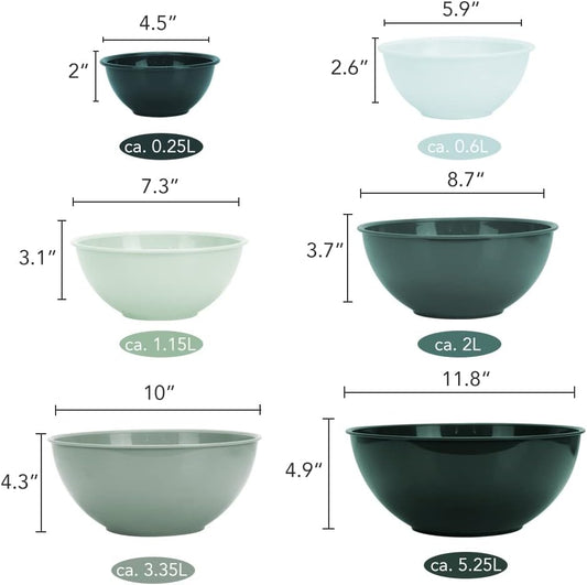 BoxedHome BPA Free Plastic Round Mixing Bowl with Lids, 12 Pack Nesting Bowls with Lids Set, Microwave and Dishwasher Safe Prep & Serving Bowls Great for Mixing, Baking, Serving (Green, 12pcs)