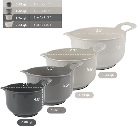 BoxedHome 4 Pack Nesting Mixing Bowl with Pour Spout and Handle, BPA free Microwave & Dishwasher Safe(Grey, 4 Pack with Handle)