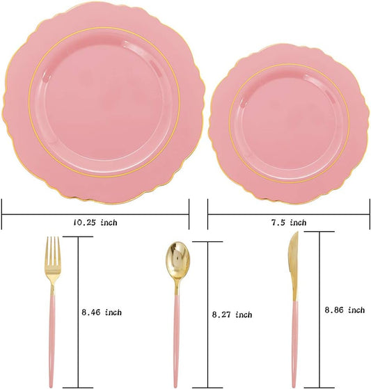 Nervure 100Pcs Mauve Pink Plastic Plates - Mauve and Gold Plastic Dinnerware Sets for 20 Guests - 20 Dinner Plates, 20 Dessert Plates, 20 Forks, 20 Knives and 20 Spoons for Wedding & Party