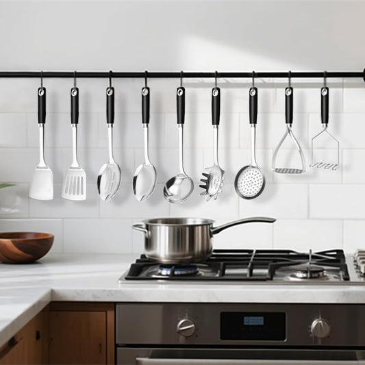 18/0 Stainless Steel Cooking Utensils Set, Heavy Duty Kitchen Utensils for Daily Use Party Wedding Housewarming, Dishwasher Safe, 9 Pieces
