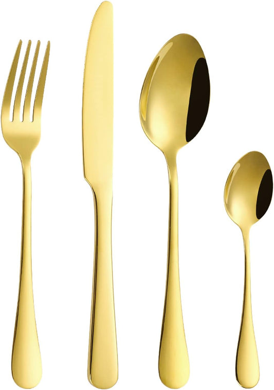 24 pcs Flatware Set, Gold Stainless Steel Flatware Set for 6, Knife Fork Spoon, Home Dinnerware Tableware Set for 6, Cutlery Set, Include Knives/Forks/Spoons